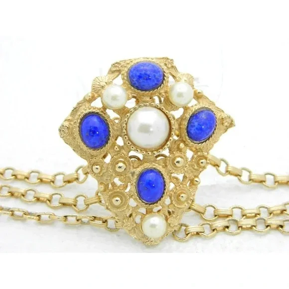 VTG Gold Tone Faux Blue Lapis Lazuli Pearl Etruscan Byzantine Style Bracelet